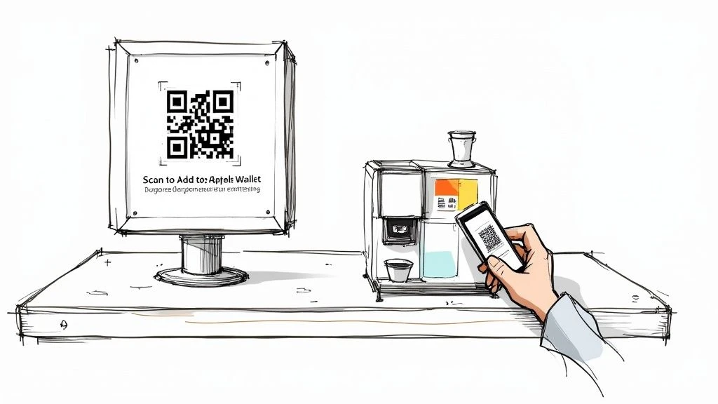 A sketch of a hand scanning a QR code on a smartphone, next to a monitor displaying 'Scan to Add to: Apteh Wallet'.