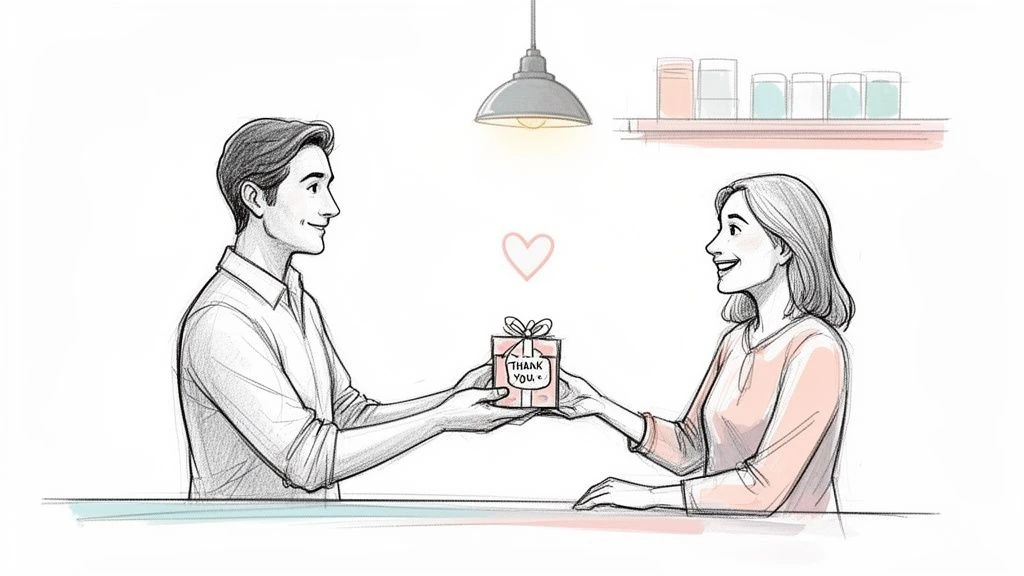 Eine Skizze eines Mannes, der einer l&auml;chelnden Frau ein Dankesch&ouml;n-Geschenk &uuml;berreicht, mit einem Herz dar&uuml;ber.