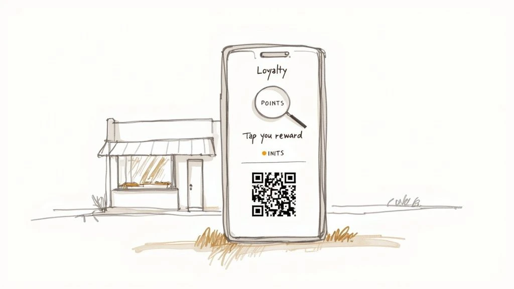 Uno schizzo di un telefono cellulare che mostra un'applicazione di fidelizzazione con punti e un codice QR, accanto a un piccolo negozio.