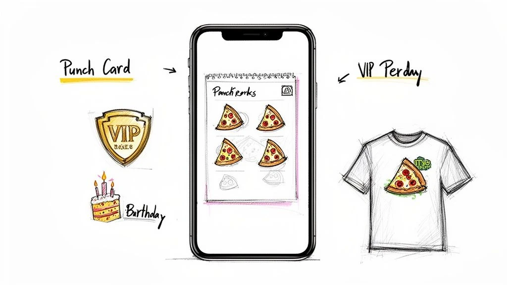 A sketch of a phone showing a pizza punch card app, with VIP rewards, birthday cake, and a pizza t-shirt.