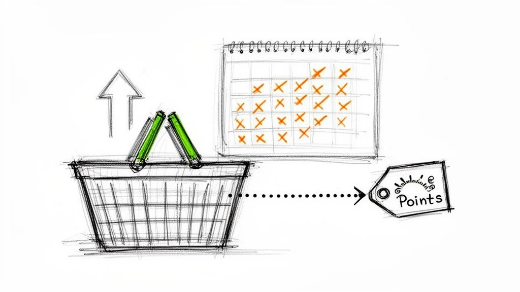 Eine Skizze eines Warenkorbs, eines Kalenders mit markierten Tagen und einem 