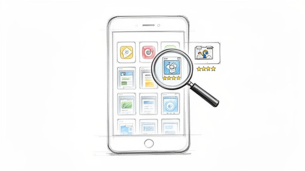 N&aacute;črt smartf&oacute;nu, na ktorom s&uacute; zobrazen&eacute; r&ocirc;zne ikony aplik&aacute;ci&iacute;, pričom lupa zv&yacute;razňuje aplik&aacute;ciu a jej &scaron;tvorhviezdičkov&eacute; hodnotenie.