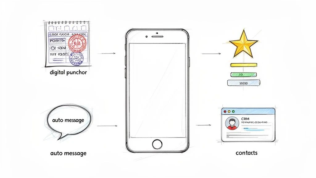 Un boceto que muestra un smartphone que integra tarjeta perforada digital, mensajes automáticos, recompensas y contactos CRM.