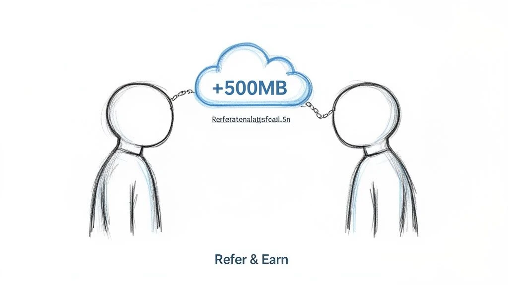 A sketch showing two people connected to a cloud offering +500MB, promoting a refer & earn program.
