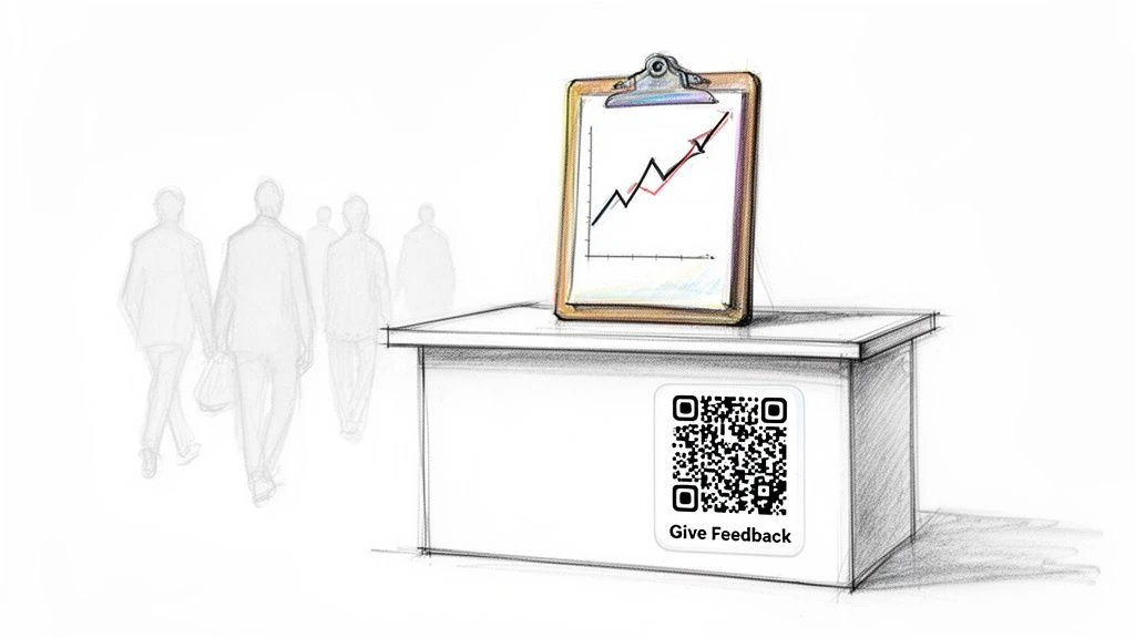 Egy v&aacute;zlaton emberek s&eacute;t&aacute;lnak el egy pult mellett, amelyen egy emelkedő grafikon &eacute;s egy 