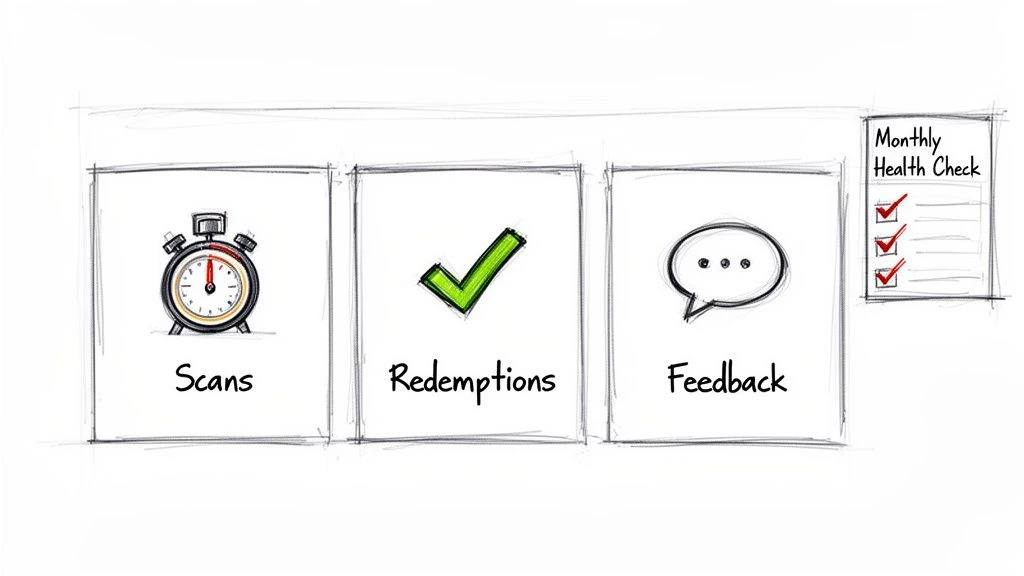 Uno schema abbozzato che mostra tre pannelli: Scansioni, Riscatti, Feedback e una lista di controllo mensile sullo stato di salute.