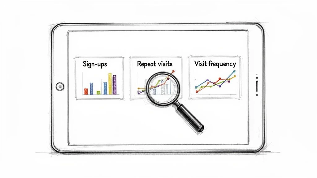 Na načrtnut&eacute;m tabletu se zobrazuj&iacute; grafy registrac&iacute;, opakovan&yacute;ch n&aacute;v&scaron;těv a četnosti n&aacute;v&scaron;těv se zv&yacute;razněn&iacute;m analytick&yacute;ch &uacute;dajů.