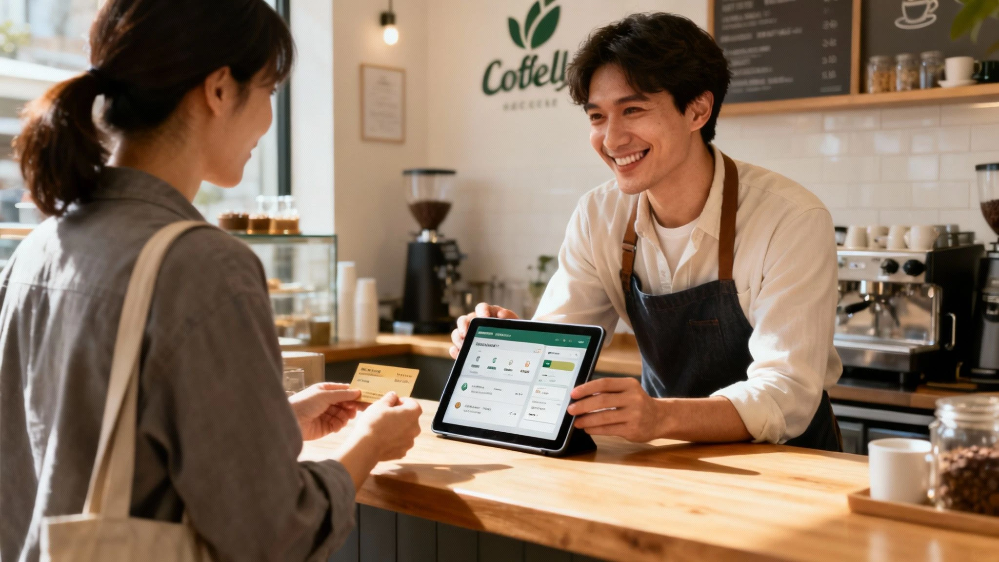 Le propriétaire d'une petite entreprise est heureux d'interagir avec un client qui tient un smartphone affichant une application de fidélisation.
