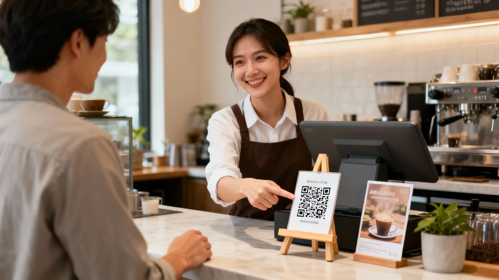 Właściciel małej firmy umieszcza znak z kodem QR programu lojalnościowego na stanowisku kasowym obok terminala płatniczego.