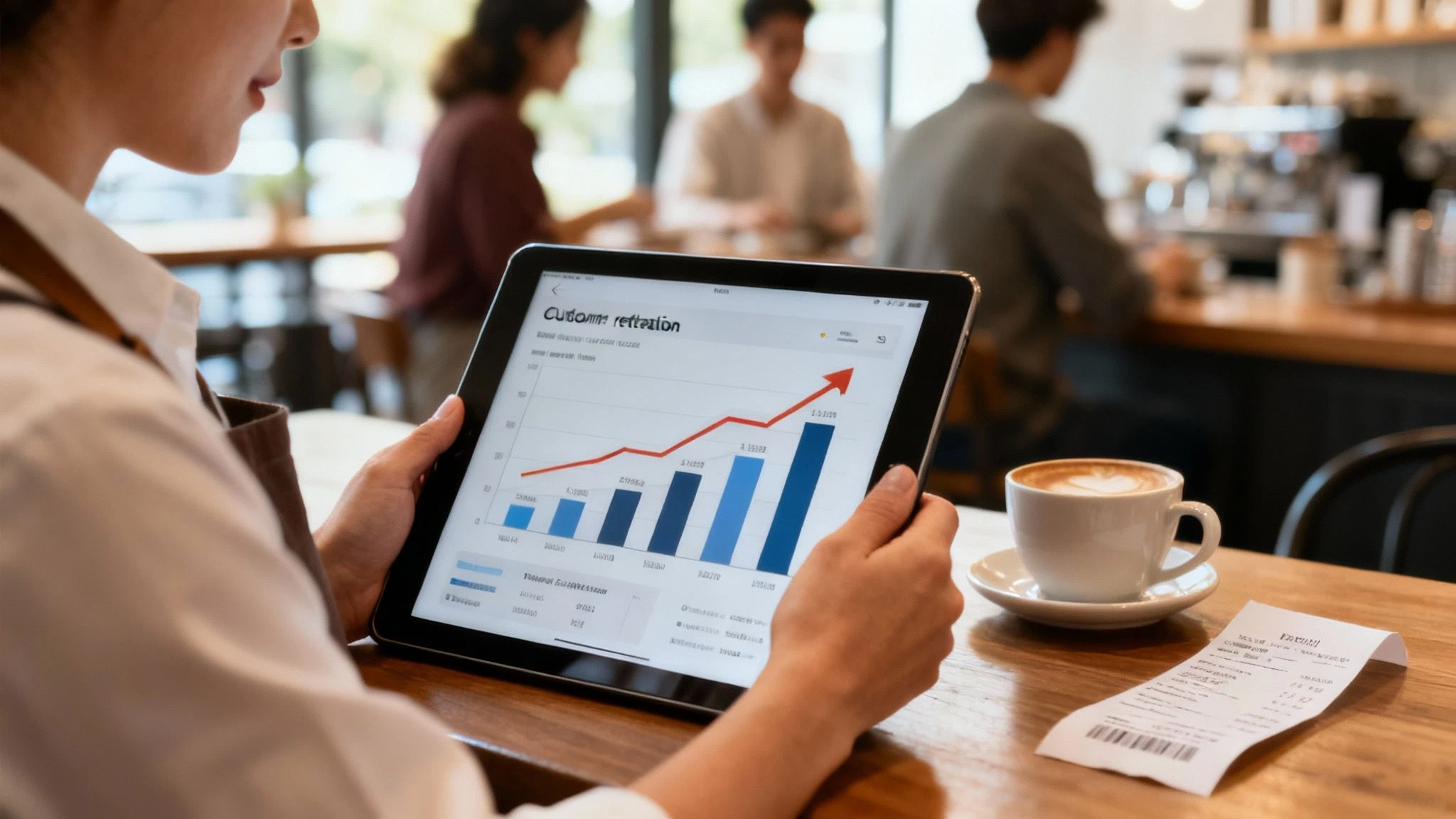 Majiteľ malého podniku si na tablete prezerá údaje o vernostných zákazníkoch.