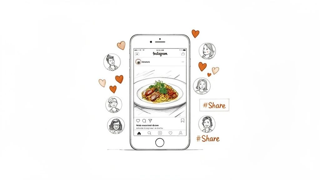 Na smartf&oacute;ne sa zobraz&iacute; pr&iacute;spevok cestov&iacute;n na Instagrame, obklopen&yacute; profilmi soci&aacute;lnych siet&iacute;, srdiečkami a hashtagmi #Share, ktor&eacute; symbolizuj&uacute; marketing re&scaron;taur&aacute;cie.