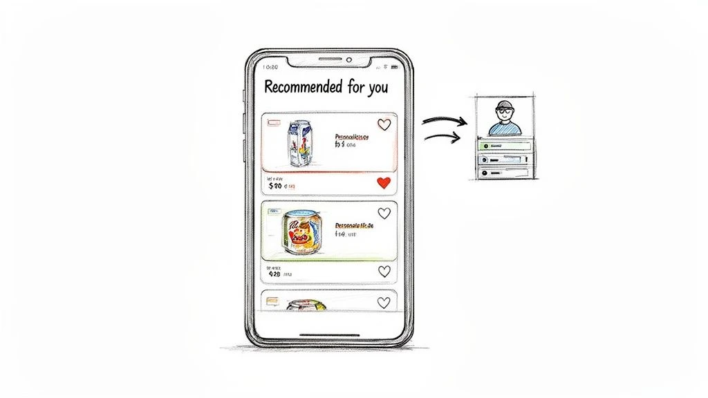 Ein Smartphone zeigt personalisierte Produktempfehlungen mit Datenfluss zu einem Benutzerprofil und Servern an.