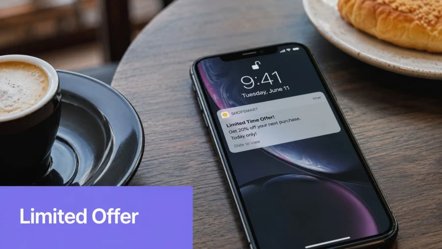 A smartphone on a table displays a notification from ShopSmart offering a discount for customer retention.
