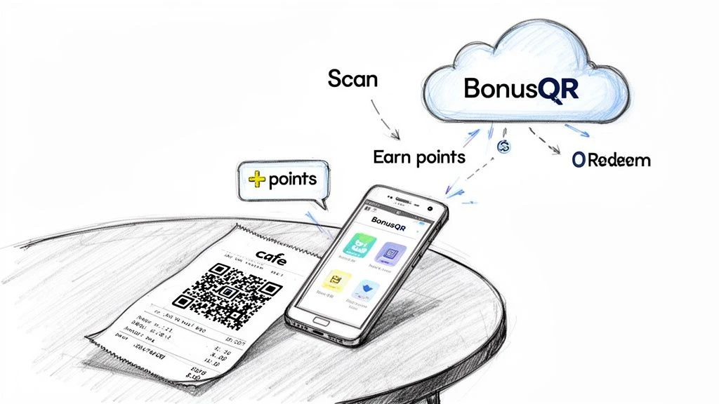Un smartphone scannant un code QR sur le ticket de caisse d'un café pour gagner et échanger des points de fidélité via un système BonusQR basé sur le cloud.