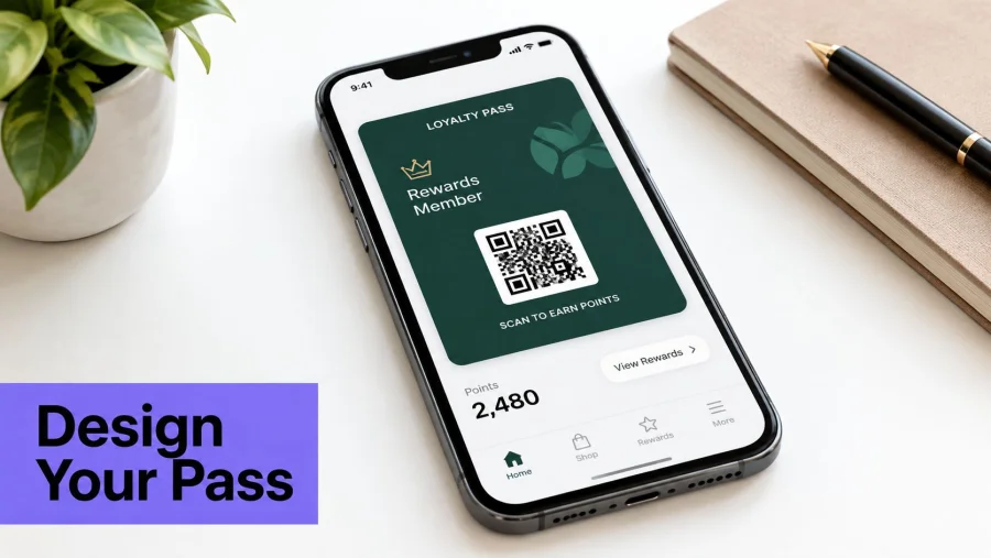 A smartphone screen displaying a digital loyalty pass with a QR code and reward point balance.