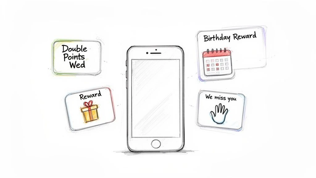 Un smartphone entour&eacute; d'offres du programme de fid&eacute;lisation : des points doubl&eacute;s, une r&eacute;compense sous forme de cadeau, un calendrier d'anniversaire et un message 