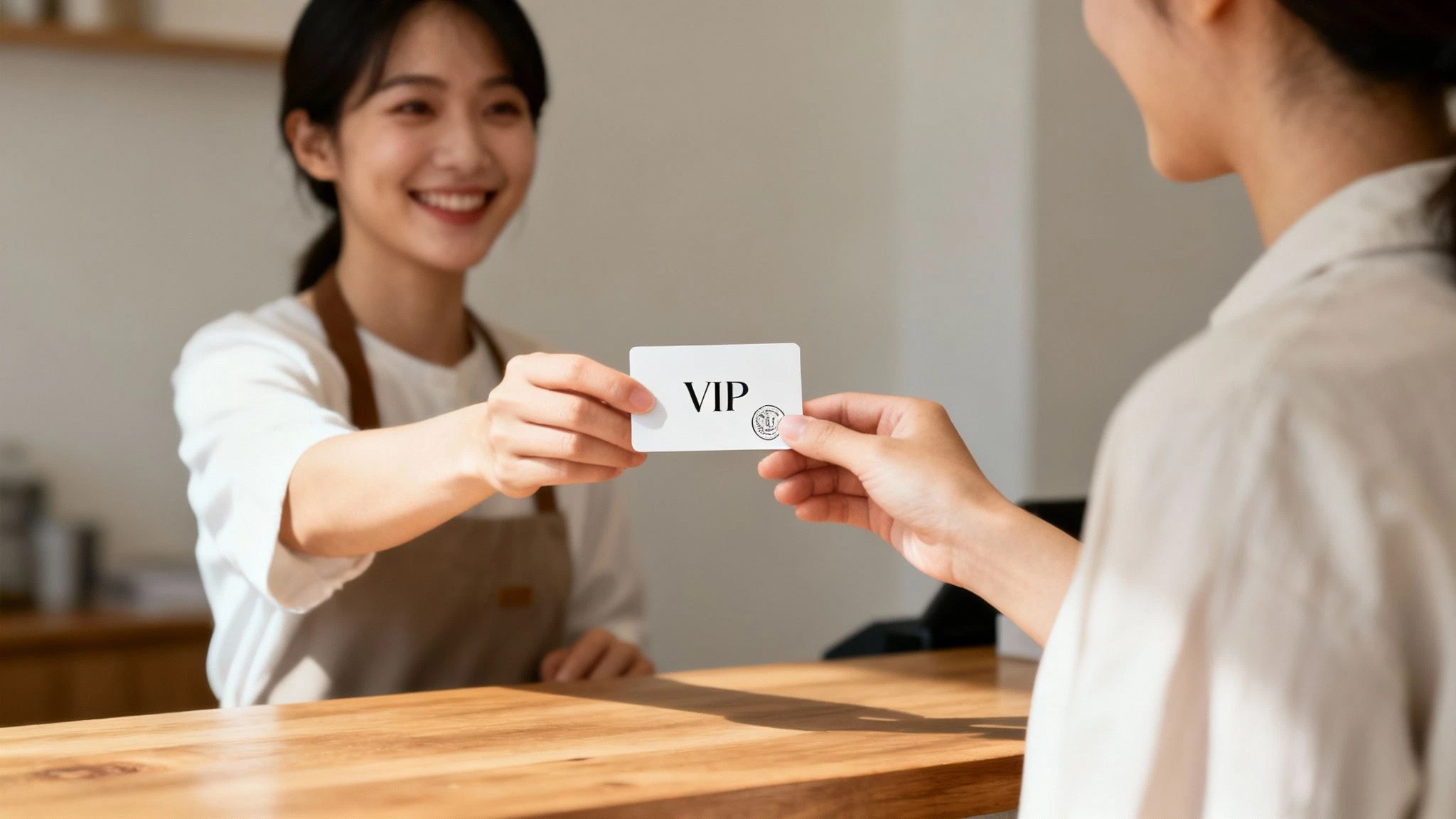 Egy mosolygós barista átnyújtja a vásárlónak a hűségkártyát és a kávét.