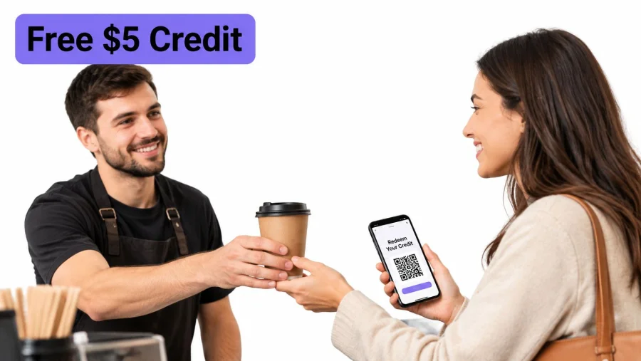 A smiling barista hands a coffee cup to a customer who is redeeming a mobile credit offer.