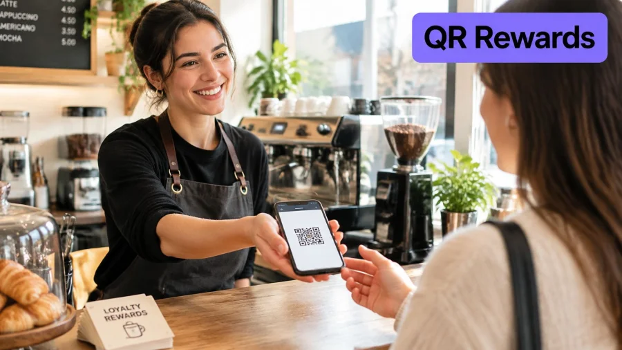 A smiling barista presenting a smartphone with a QR code to a customer in a coffee shop.