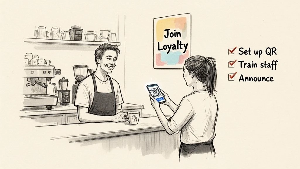 Usměvav&yacute; barista obsluhuje z&aacute;kazn&iacute;ka, kter&yacute; v kav&aacute;rně naskenuje QR k&oacute;d, aby se připojil k věrnostn&iacute;mu programu.