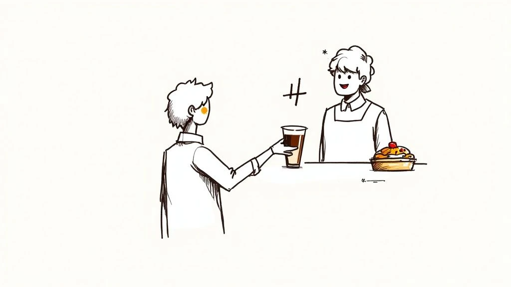 Ein l&auml;chelnder Barista serviert einem Kunden an einer Theke im Cartoon-Stil ein Getr&auml;nk und ein Dessert.