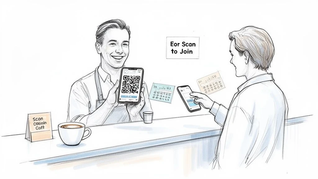 Ein l&auml;chelnder Barista zeigt einem Kunden in einem Caf&eacute; einen QR-Code auf einem Smartphone zum Scannen.