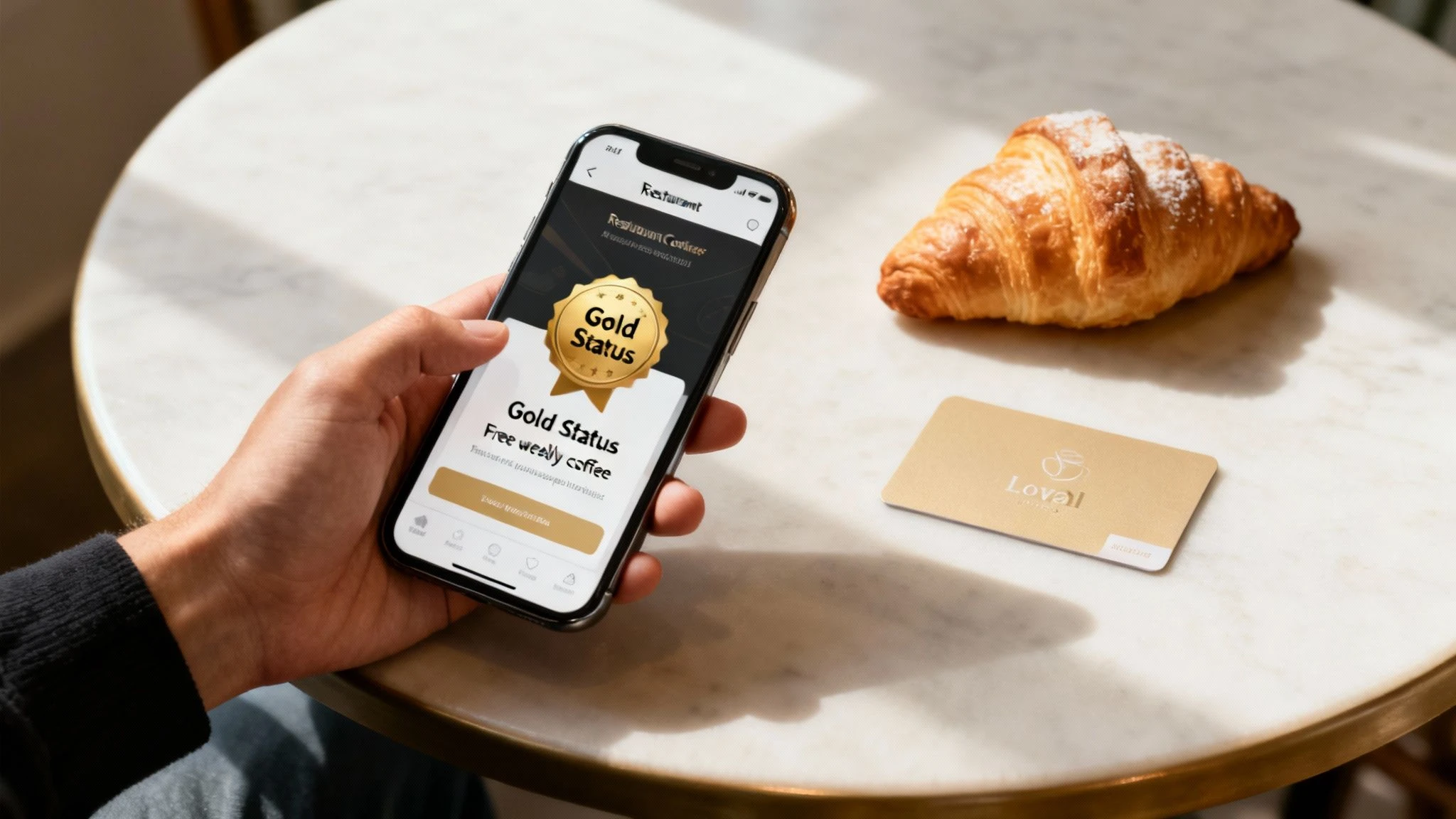 Egy mosolygós ügyfél beolvas egy QR-kódot egy kávézó pultjánál, hogy csatlakozzon egy hűségprogramhoz.