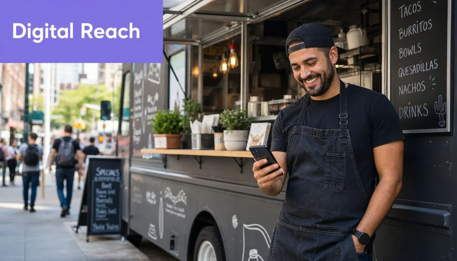 A smiling food truck owner standing outside his vehicle while checking his mobile phone on a city street.