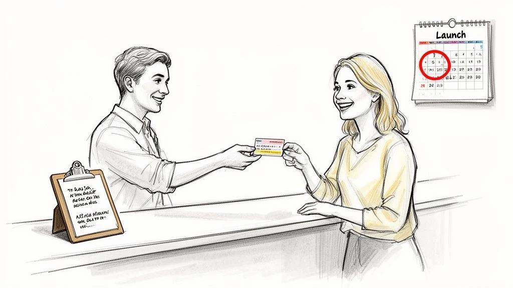 Usmievaj&uacute;ci sa muž pod&aacute;va vernostn&uacute; kartu usmievavej žene pri pulte, v pozad&iacute; je &scaron;tartovac&iacute; kalend&aacute;r.