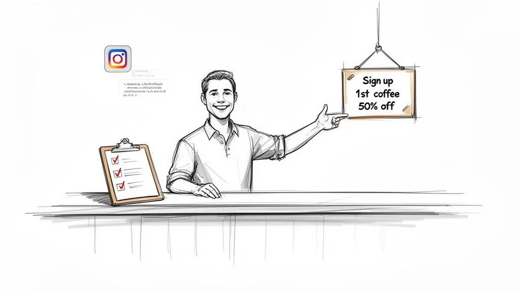 A smiling man points to a sign offering 50% off first coffee for signing up.