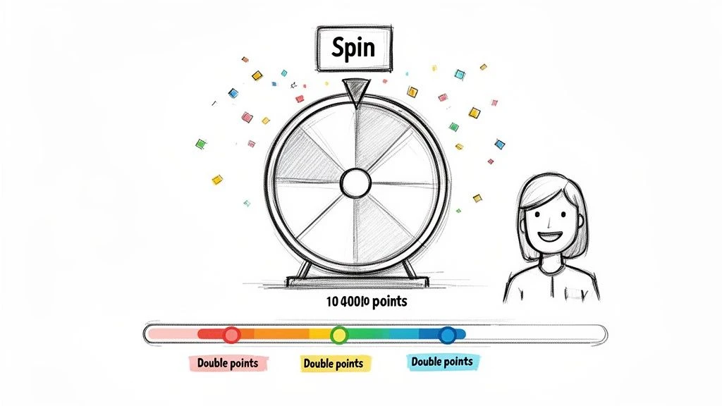 Eine l&auml;chelnde Person nimmt an einem Treueprogramm teil, das mit einem Drehrad und Bonuspunkten ausgestattet ist.
