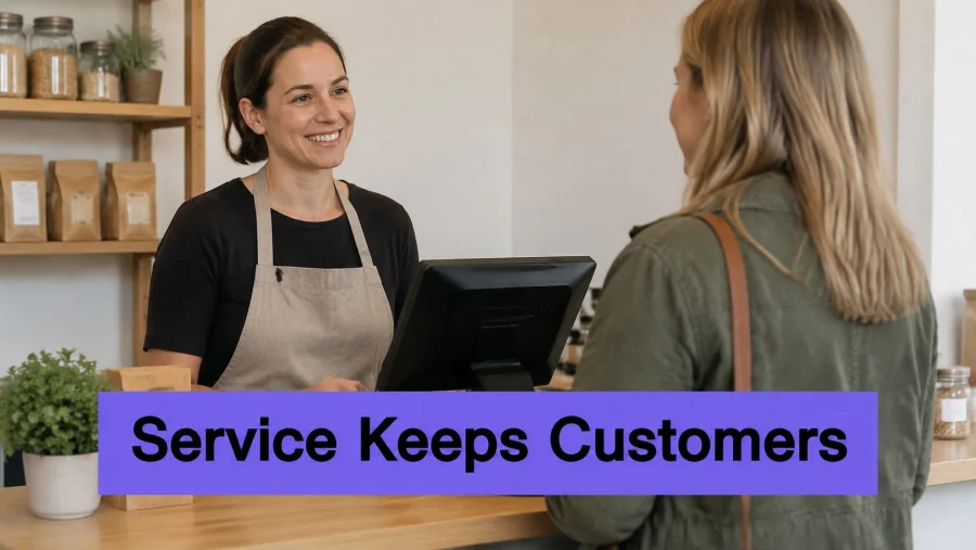 A smiling shop assistant behind a counter helping a customer at a store checkout, promoting loyalty.