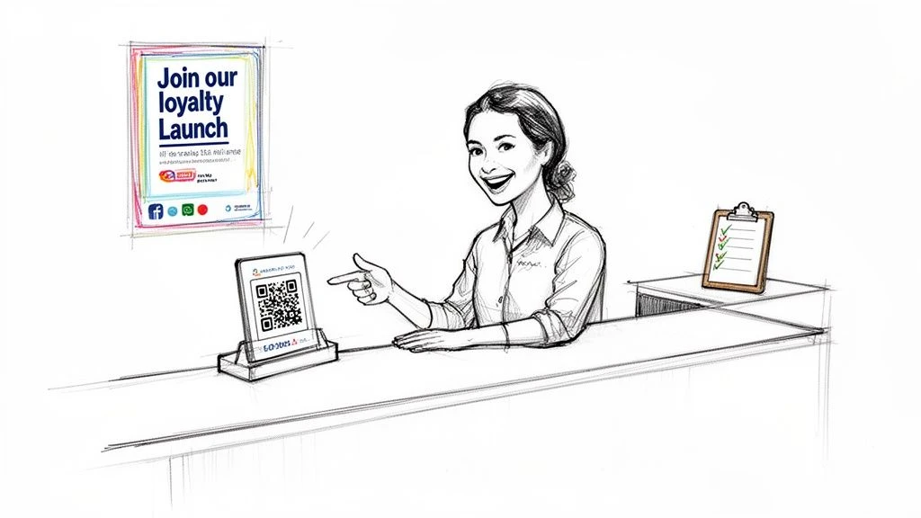 Usmievaj&uacute;ca sa žena ukazuje na displej s QR k&oacute;dom, ktor&yacute; propaguje spustenie nov&eacute;ho vernostn&eacute;ho programu pre z&aacute;kazn&iacute;kov.