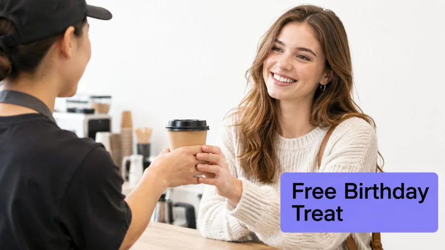 A smiling woman receiving a coffee cup from a barista at a counter for her birthday treat.