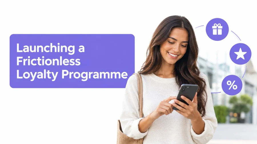 A smiling woman using a smartphone with loyalty program icons like gifts and discounts floating nearby.