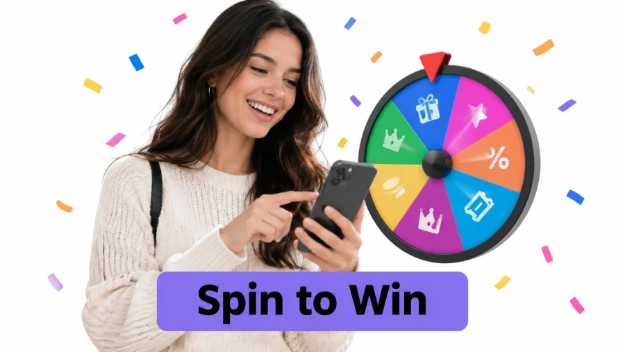 A smiling young woman using a smartphone next to a digital prize wheel for winning rewards.