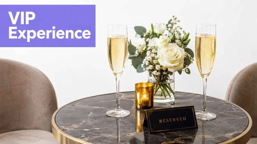 A sophisticated table setting featuring two glasses of champagne, a white floral arrangement, and a reserved sign.