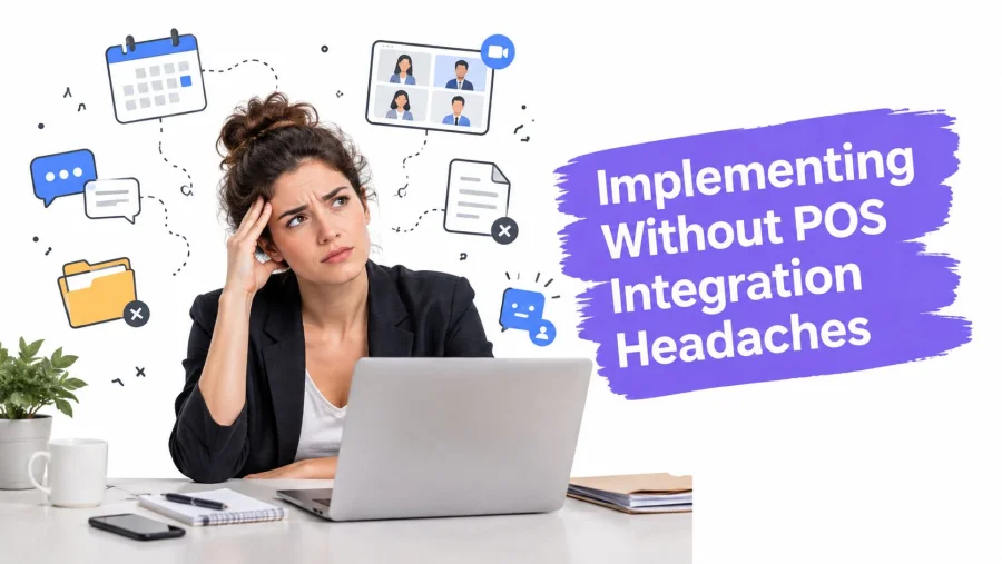 A stressed woman working on a laptop surrounded by digital icons representing common workplace communication and planning tasks.