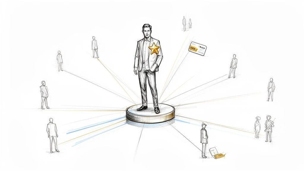 Stylizowana ilustracja przedstawiająca centralną, wpływową osobę promieniującą połączeniami z wieloma innymi.