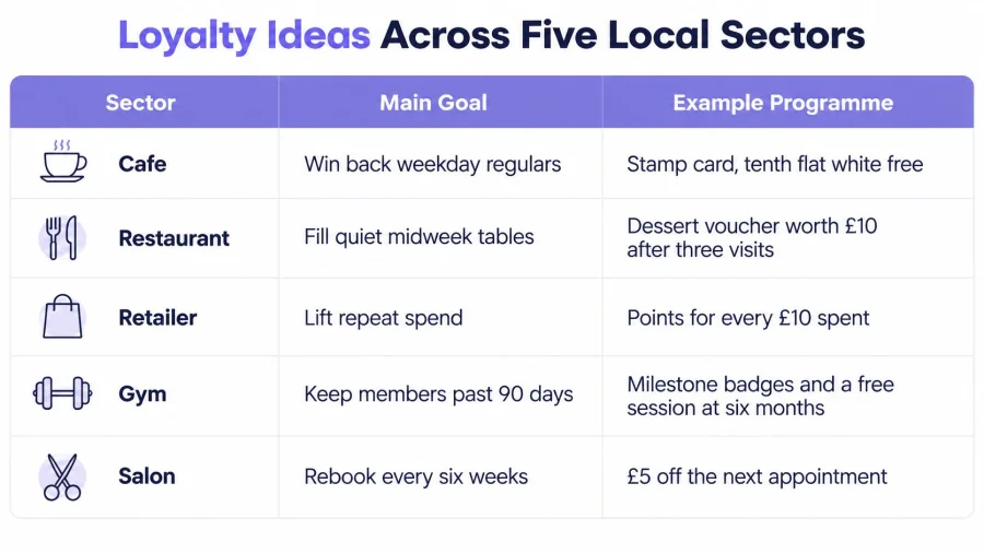 A table outlining loyalty programme ideas for local business sectors including cafes, restaurants, retailers, gyms, and salons.