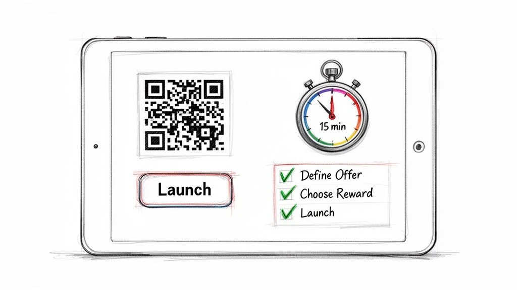 A tablet displaying a QR code, a 15-minute timer, and a completed checklist for launching an offer.