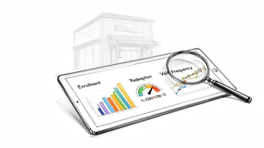 Auf einem Tablet werden Gesch&auml;ftsanalysen zu Anmeldungen, Einl&ouml;sungen und Besuchsh&auml;ufigkeit angezeigt, die f&uuml;r eine detaillierte Analyse vergr&ouml;&szlig;ert werden.