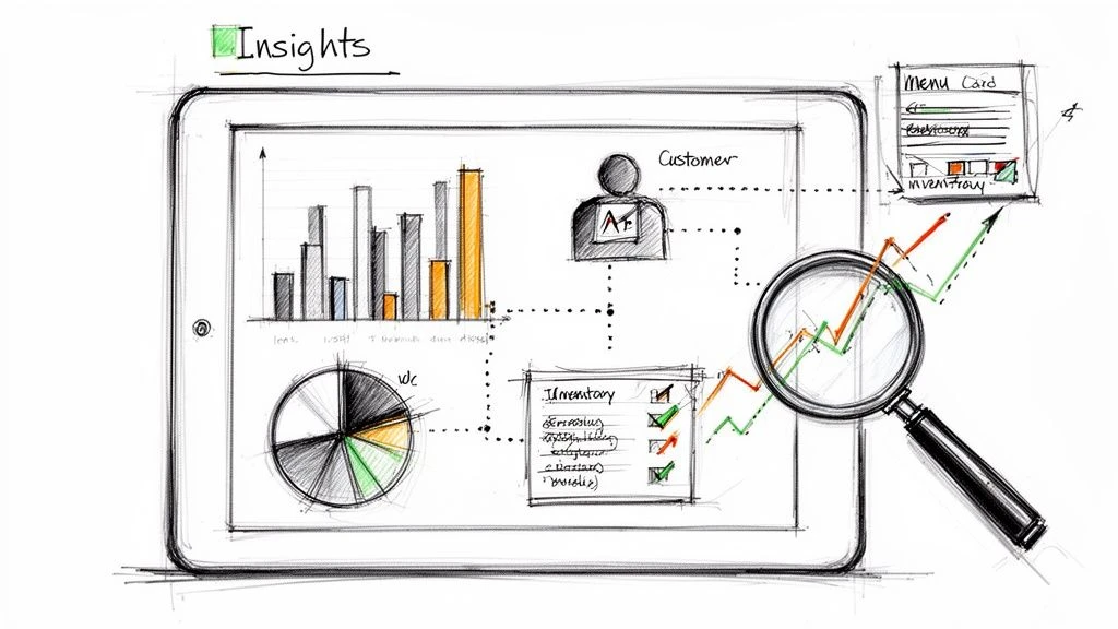 Egy t&aacute;blag&eacute;p &uuml;zleti betekint&eacute;st jelen&iacute;t meg diagramokkal, &uuml;gyf&eacute;ladatokkal, lelt&aacute;rral &eacute;s nagy&iacute;t&oacute;val egy grafikon felett.