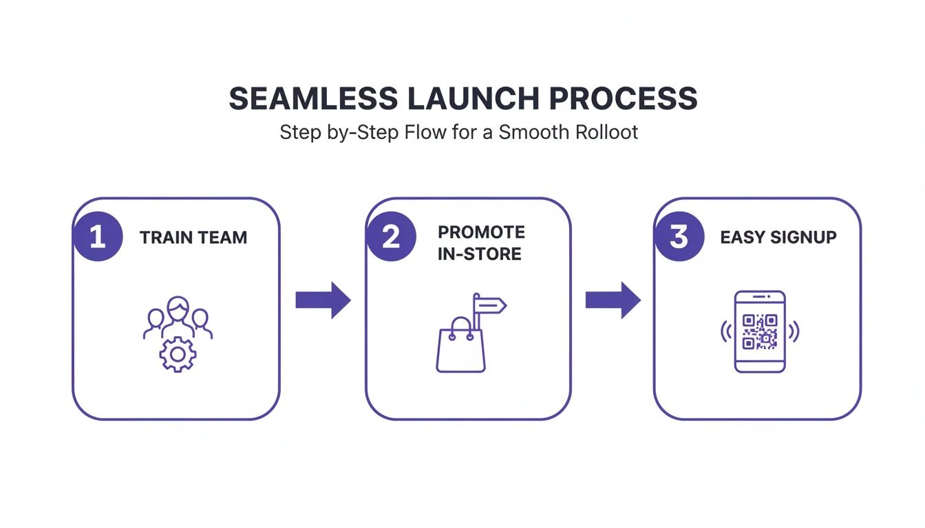 Un diagramma in tre fasi illustra un processo di lancio senza soluzione di continuità: formare il team, promuovere in negozio, facilitare l'iscrizione.