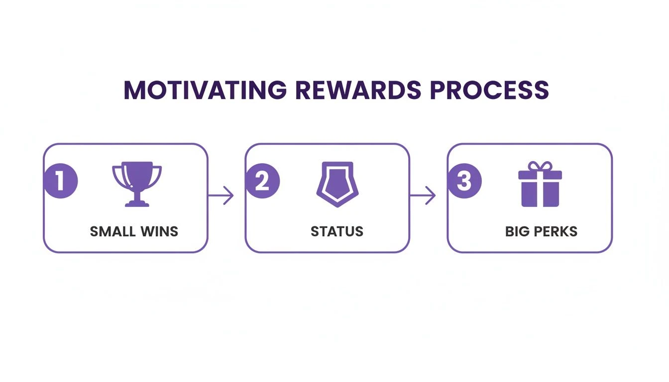 Un diagrama de tres pasos ilustra el proceso de recompensas motivadoras: Pequeñas ganancias, estatus y grandes recompensas.