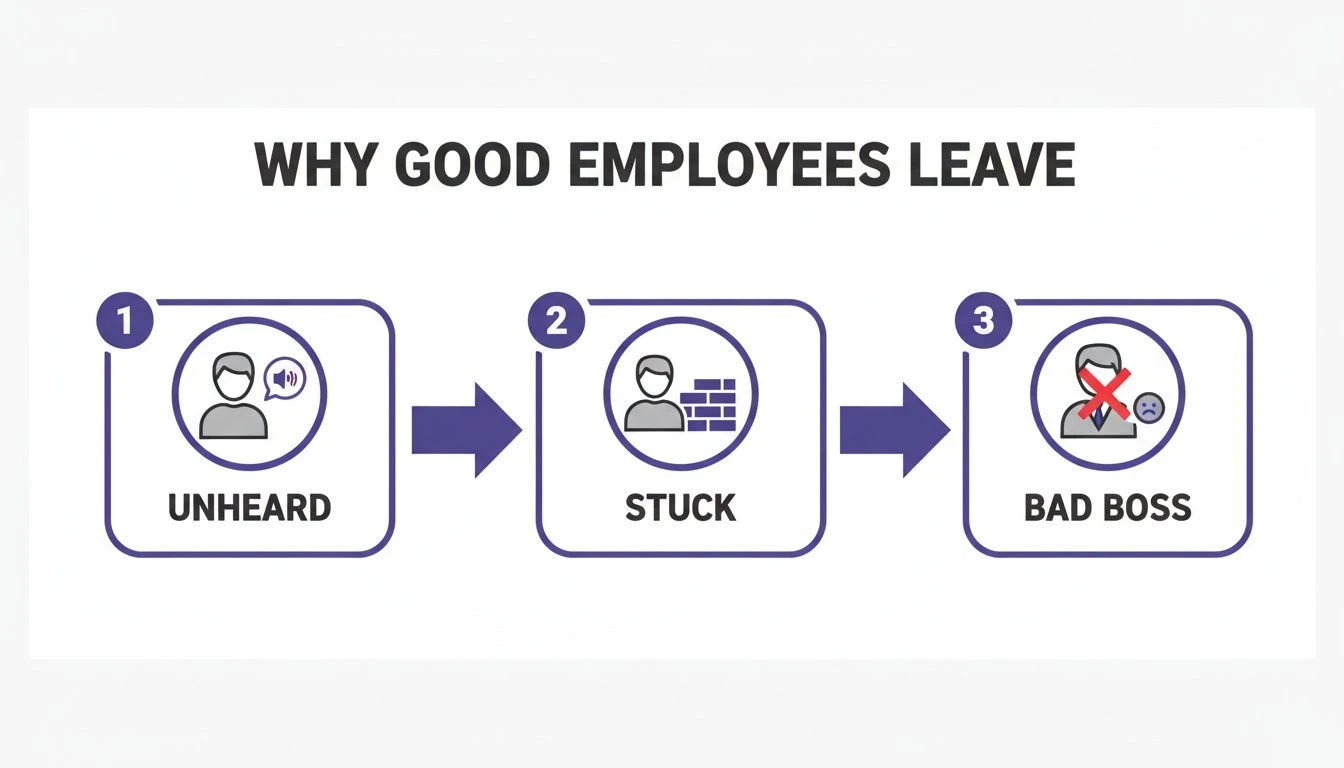 Un diagrama de flujo de tres pasos ilustra por qué se van los buenos empleados: no sentirse escuchados, quedarse estancados y tener un mal jefe.