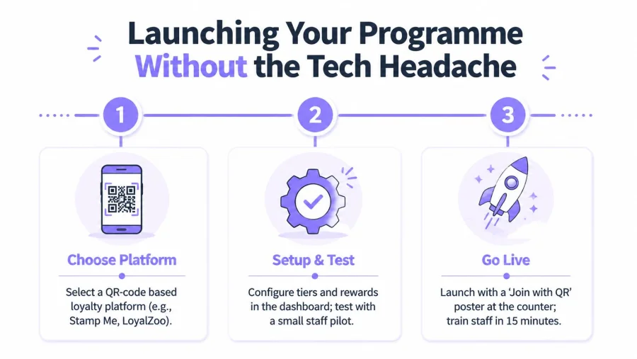 A three-step infographic illustrating a simple process to launch a digital loyalty program for businesses.