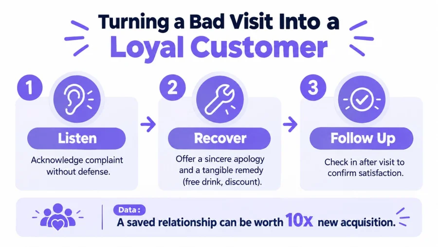 A three-step infographic on turning a bad customer experience into a loyal relationship through service recovery steps.