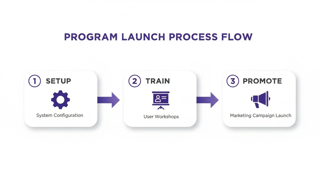 Ein dreistufiger Prozessablauf f&uuml;r den Programmstart mit den Phasen Einrichtung, Schulung und Werbung mit den entsprechenden Aktionen.