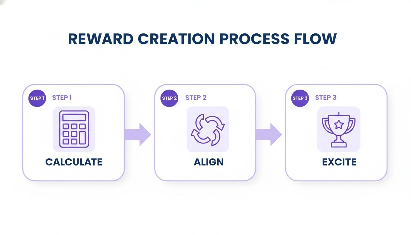 A three-step reward creation process flow diagram with calculate, align, and excite stages.